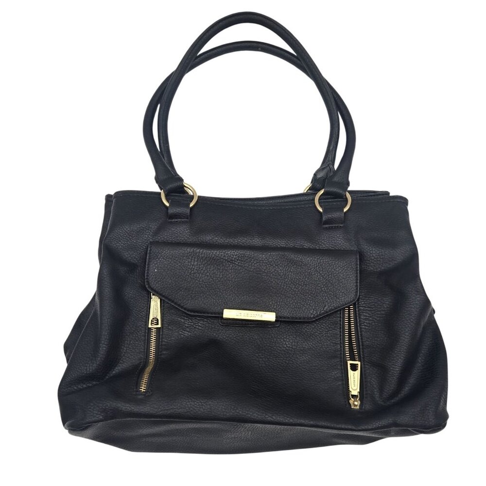 Liz Claiborne Black Pebbled Leather Tote Purse With Gold Hardware & Multiple Com